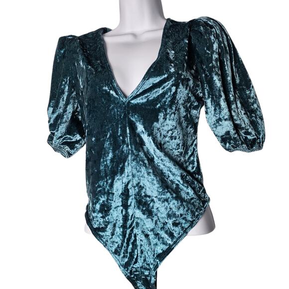 Free People Tops - Intimately Free People Velvet Bodysuit XS Teal Crushed Puff Sleeve‎ Romantic NWT